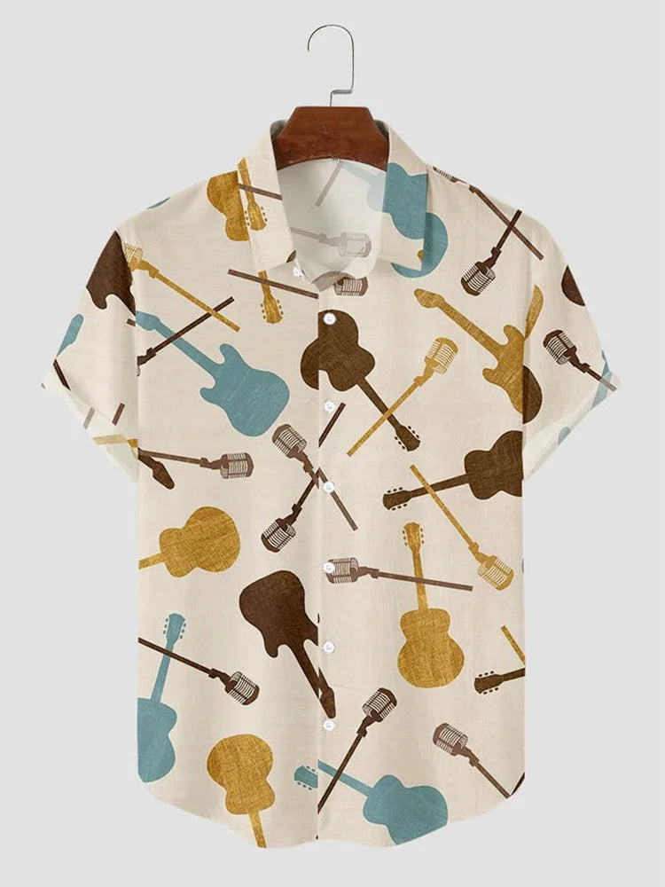 Men’S Simple Music Guitar Print Casual Shirt, Hawaiian Shirt For Men