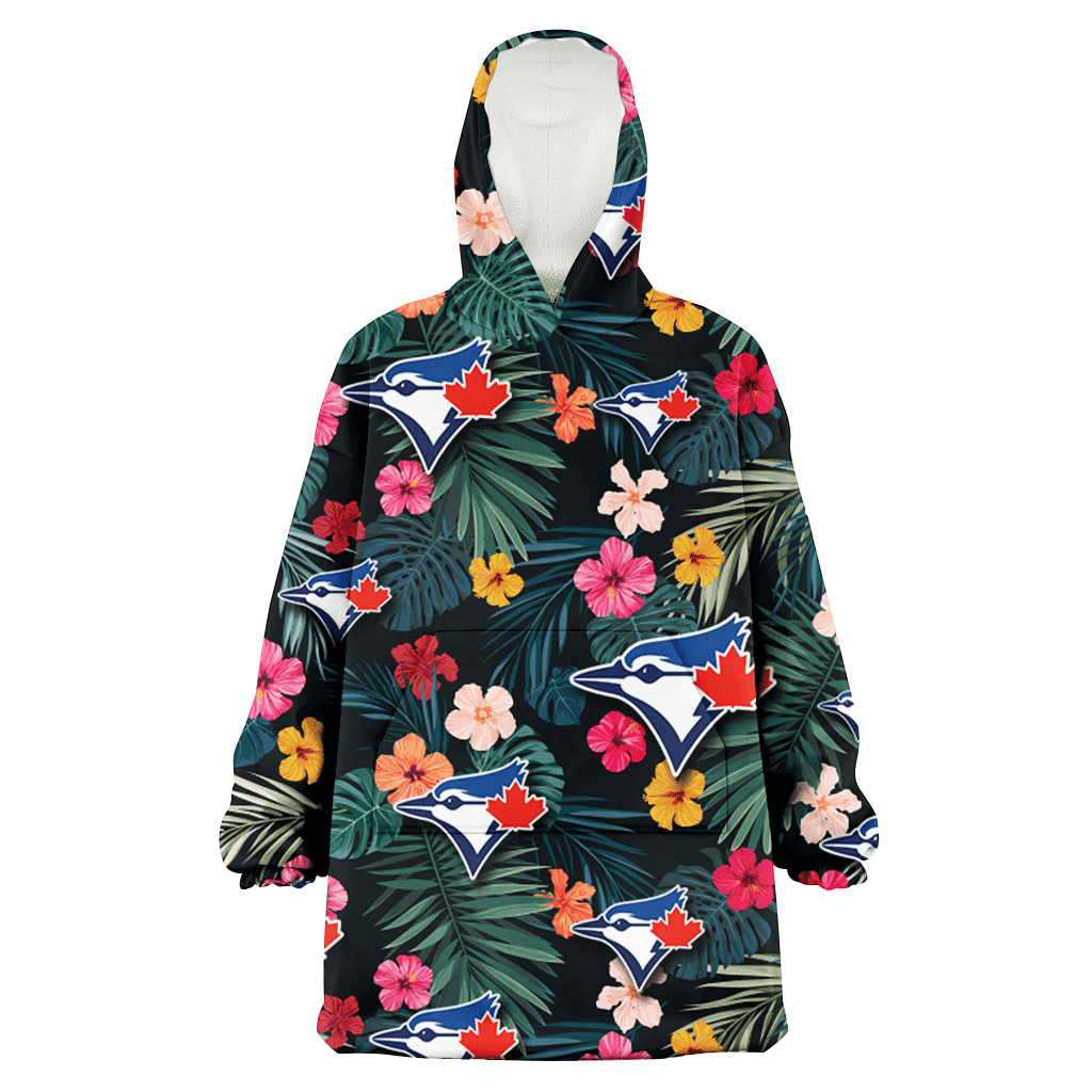 Toronto Blue Jays Pink Yellow Orange Hibiscus Big Tropical Leaf Back Background 3D Printed Hoodie Blanket Snug Hoodie