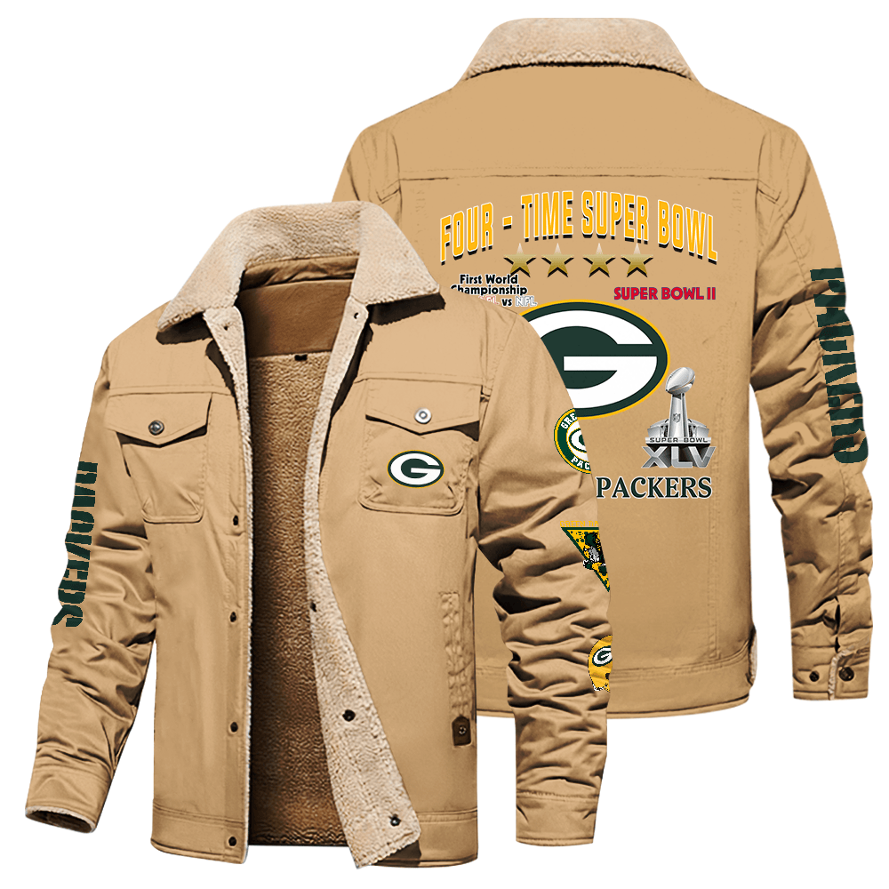 Green Bay Packers NFL Four Time Super Bowl Champions Brown Stand Collar Jacket