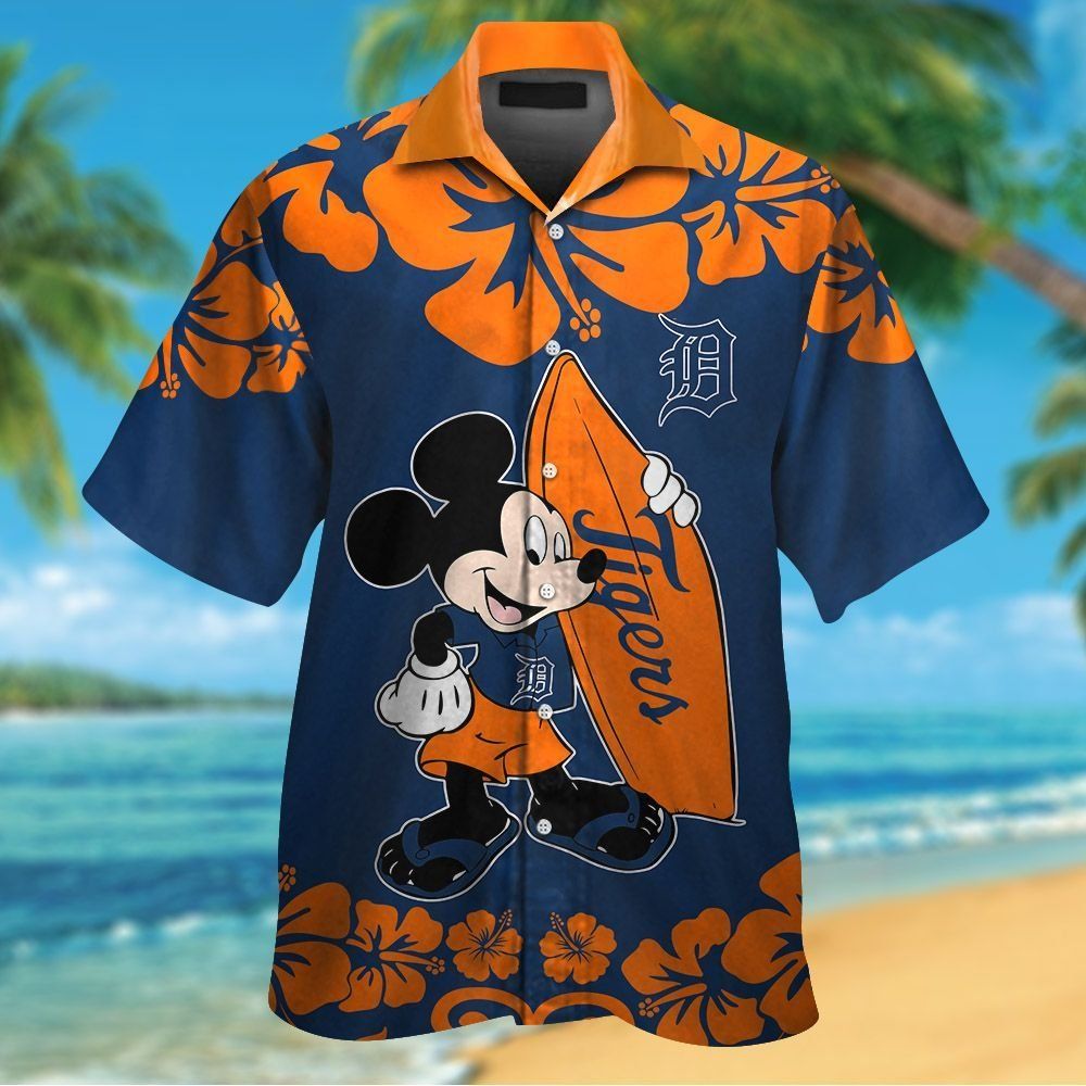 Detroit Tigers Mickey Mouse Short Sleeve Button Up Tropical Hawaiian Shirt