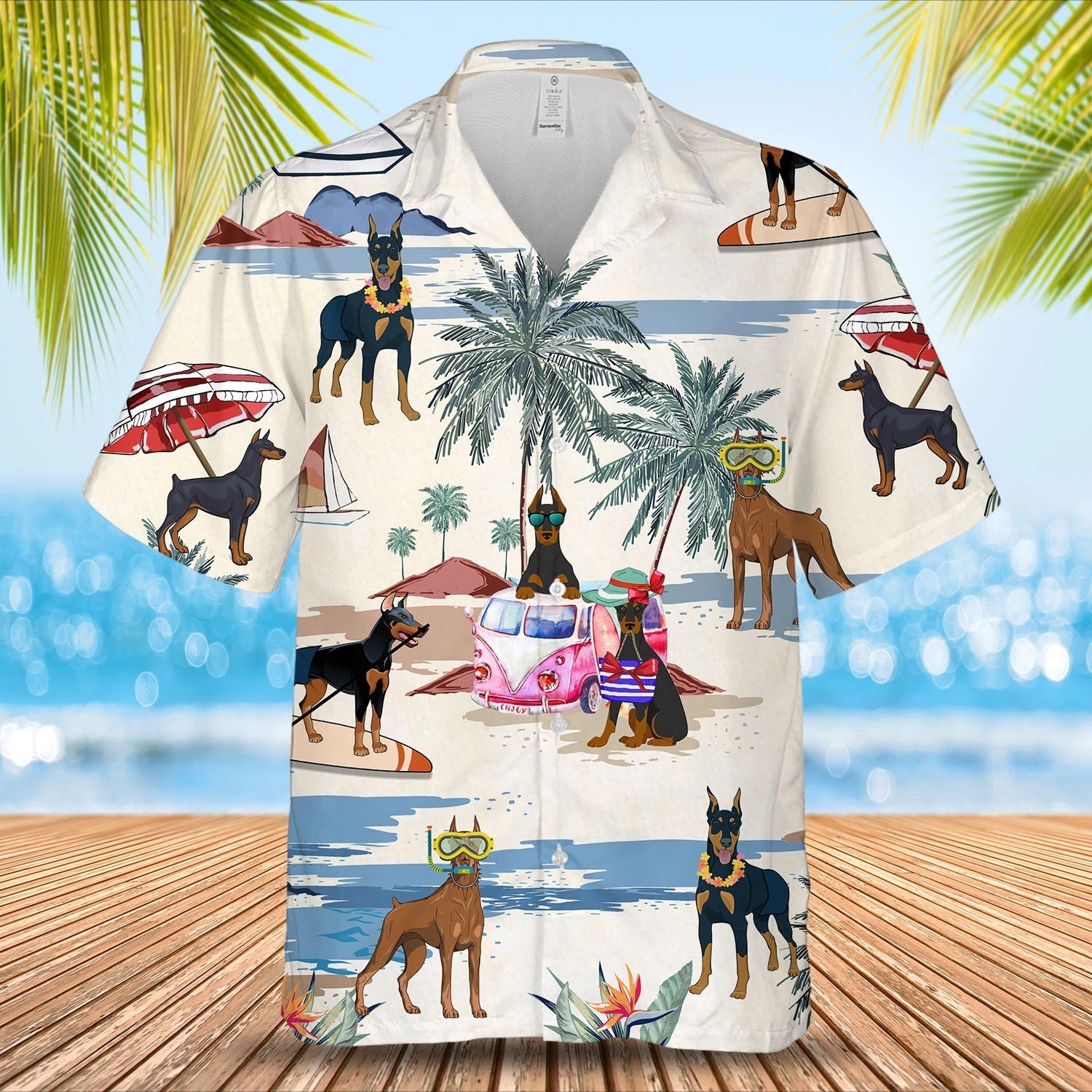 Doberman Pinscher Summer Beach Hawaiian Shirt, Short Sleeve Dog Full Print Aloha Beach Shirt