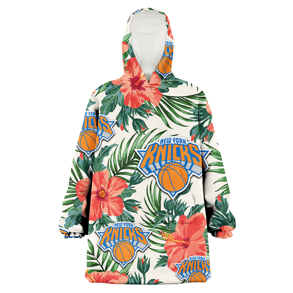 New York Knicks Coral Hibiscus Green Leaf Beige Background 3D Printed Hoodie Blanket Snug Hoodie