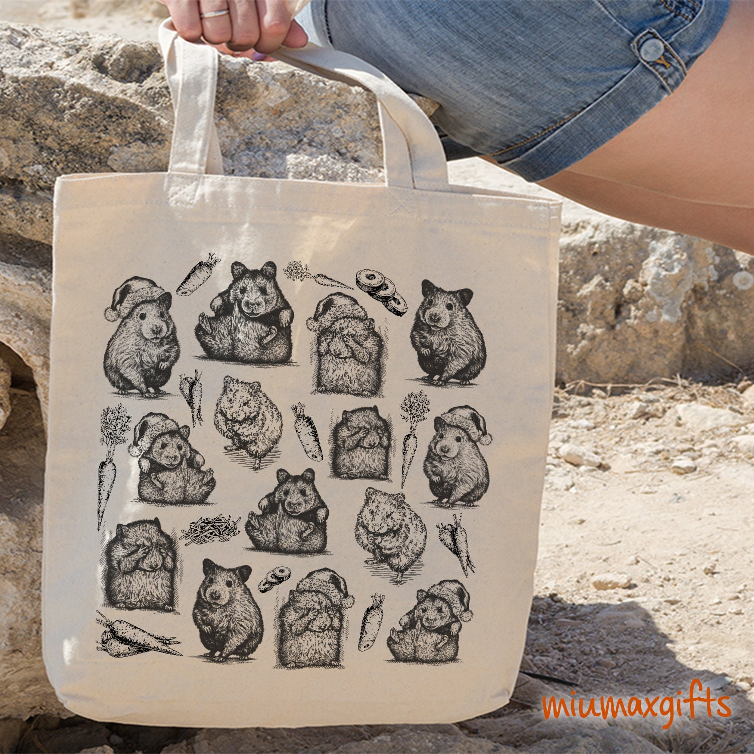 Hamster Tote Bag, Hamster Bag, Hamster Tote , Hand Drawn Design By Miumaxgift, Natural Cotton Tote Bag, Eco-Friendly Tote Bag