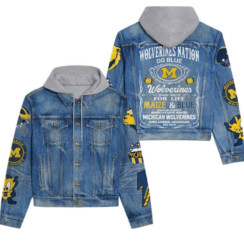 Michigan Wolverines NCAA Team Logo & Motto v2 3D Hooded Denim Jacket