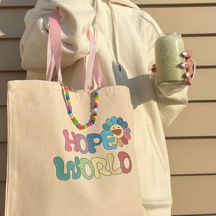 Hope World Tote Bag Removable Beaded Chain BTS J-hope Hobi Hobicore Bangtan Tote Bag Aesthetic Tote Bag BTS Tote Bag, Hope World Tote Bag, Best Tote Bags Ideas, Cute Tote Bags Ideas, Tote Bag Design Ideas, Girls Tote Bag, Best Canvas Tote Bags Ideas