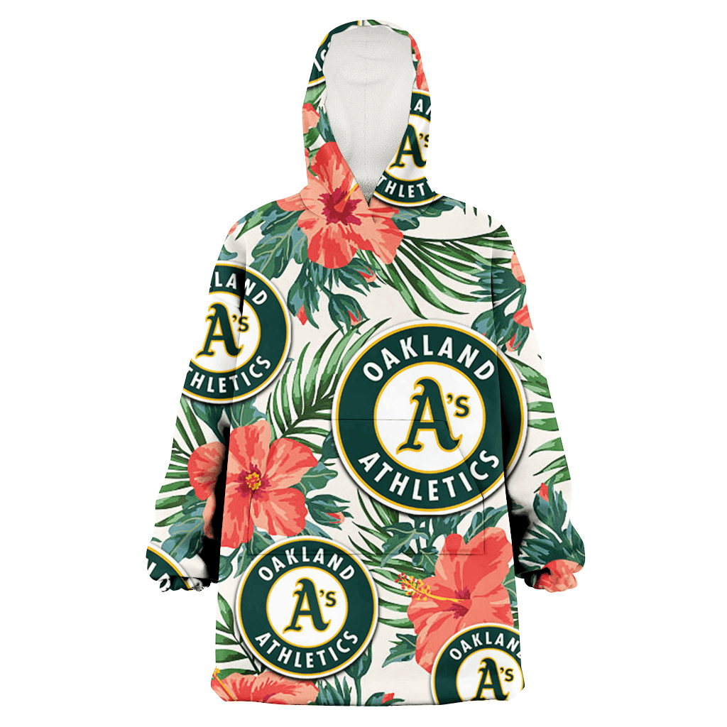 Oakland Athletics Coral Hibiscus Green Leaf Beige Background 3D Printed Hoodie Blanket Snug Hoodie