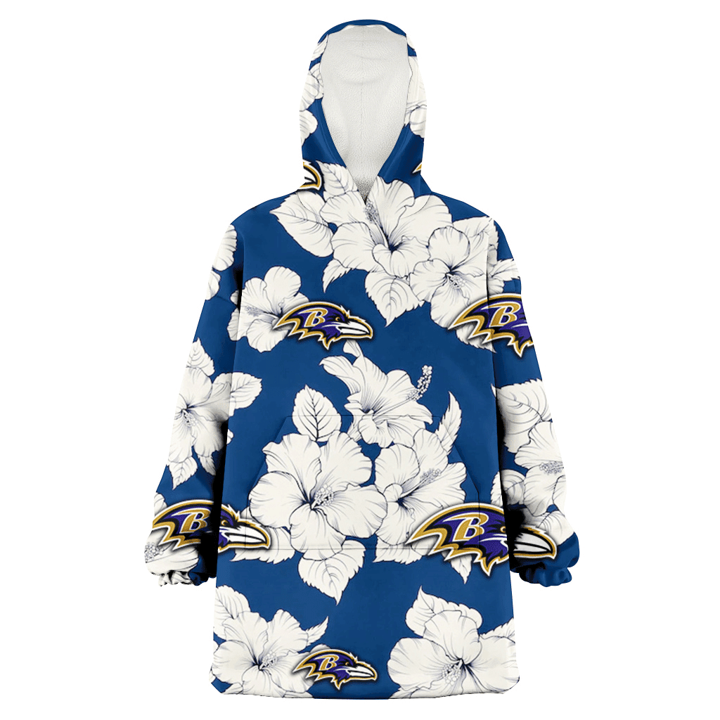 Baltimore Ravens White Big Hibiscus Blue Background 3D Printed Hoodie Blanket Snug Hoodie