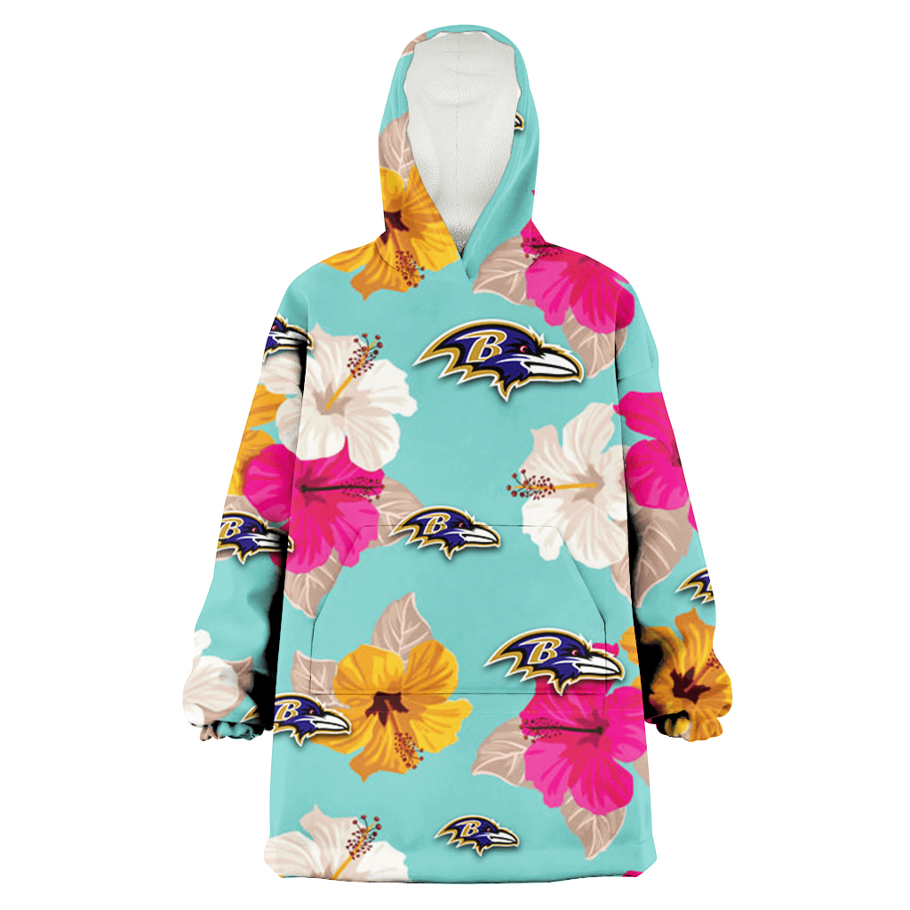 Baltimore Ravens Pink Yellow White Hibiscus Turquoise Background 3D Printed Hoodie Blanket Snug Hoodie