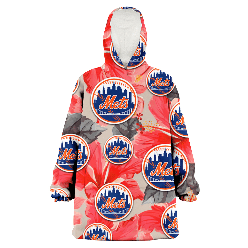 New York Mets Red Hibiscus Gray Leaf Beige Background 3D Printed Hoodie Blanket Snug Hoodie