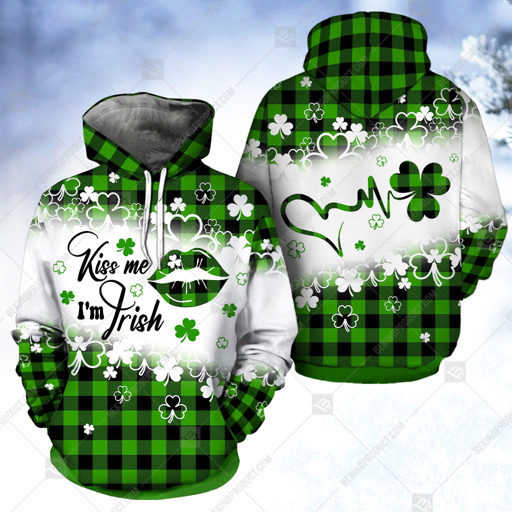Plaid Kiss Me I’M Irish Full Hoodie – All Over Print Thicken Fleece Hoodie – Irish Gift