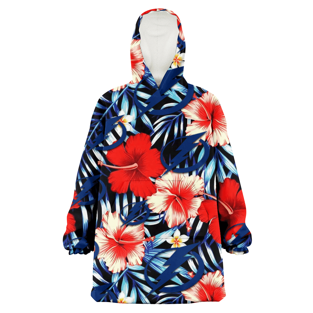 Tampa Bay Lightning Coral Red Hibiscus Blue Palm Leaf Black Background 3D Printed Hoodie Blanket Snug Hoodie