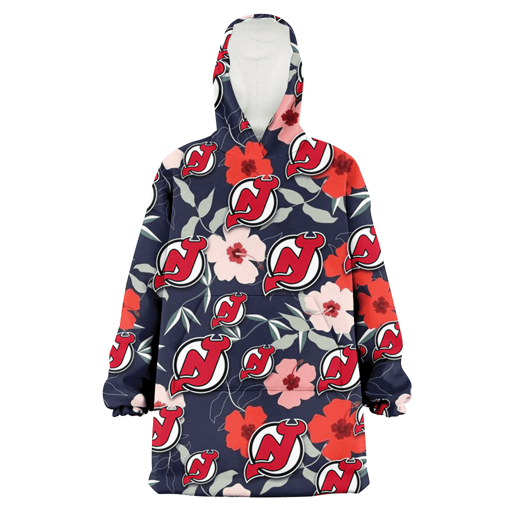 New Jersey Devils Red Pink White Hibiscus Black Background 3D Printed Hoodie Blanket Snug Hoodie