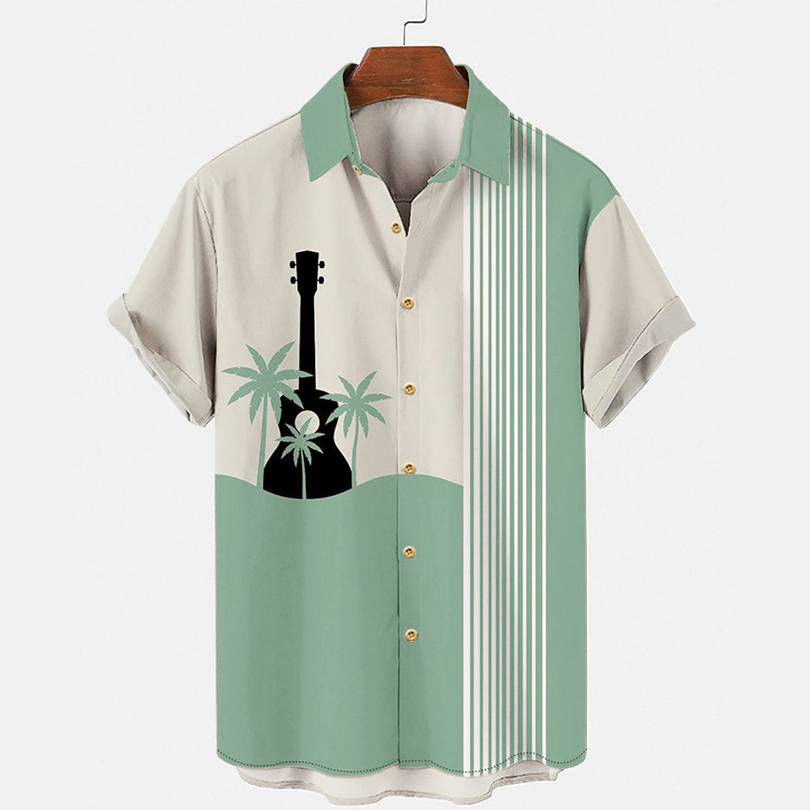 Men’S Hawaiian Music Guitar Stripe Panel Casual Shirt