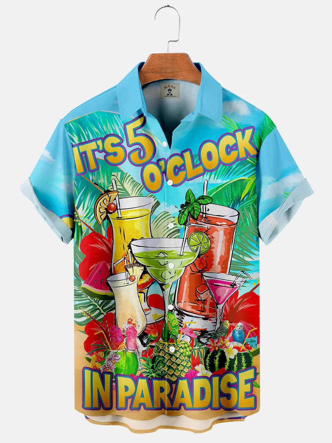 Men’S Hawaiian Cocktail Glass It’S 5 O’Clock In Paradise Print Short Sleeve Hawaiian Shirt