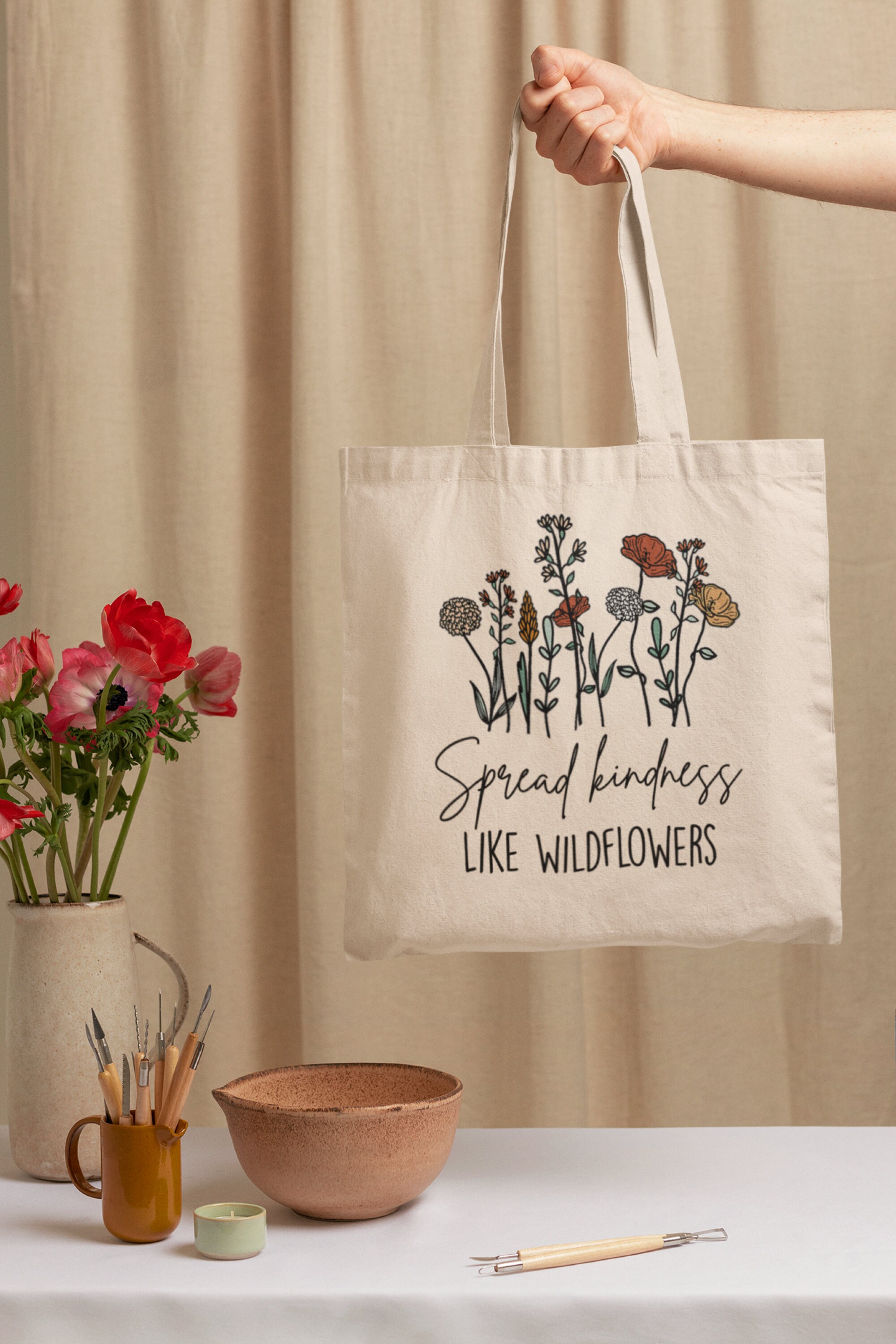 Spread Kindness Canvas Tote Bag | Wildflower Tote Bag | Vintage bag | Boho Tote Bag | Sustainable Bag | Shopping Bag | School Bag | Gift Bag