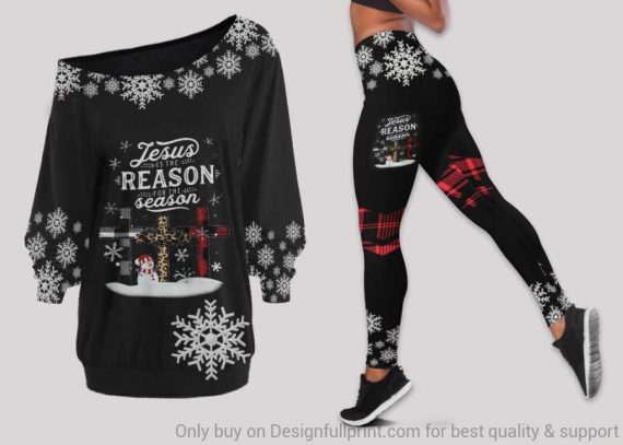 Gift For Christian Jesus Is The Reason For The Season Snowman Cross Off Shoulder Long Sleeves Top And Leggings Set