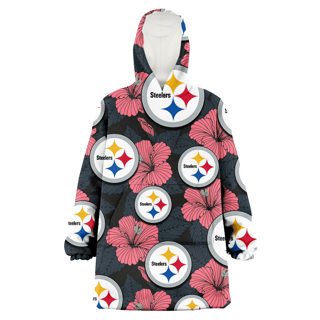 Pittsburgh Steelers Light Coral Hibiscus Gray Leaf Black Background 3D Printed Hoodie Blanket Snug Hoodie