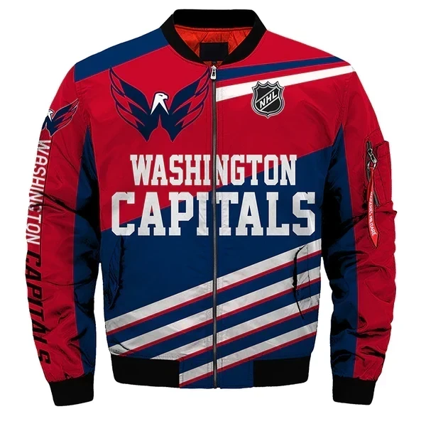 Washington Capitals With Eagle Pattern Bomber Jacket Navy Blue And Red