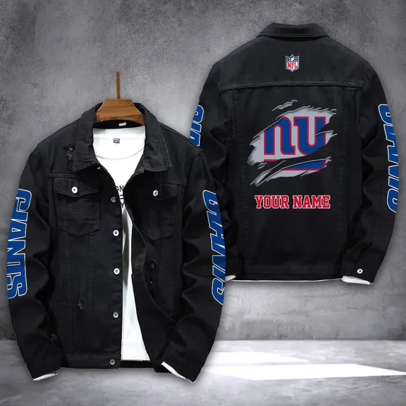 New York Giants NFL Team Name Personalized Sleeve Back Logo Black Slick Pattern Denim Jacket