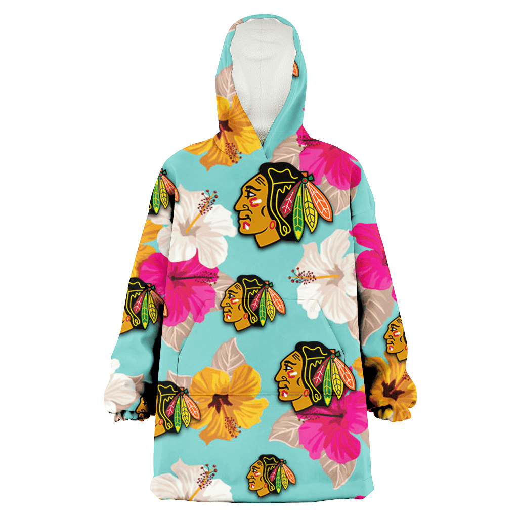 Chicago Blackhawks Pink Yellow White Hibiscus Turquoise Background 3D Printed Hoodie Blanket Snug Hoodie