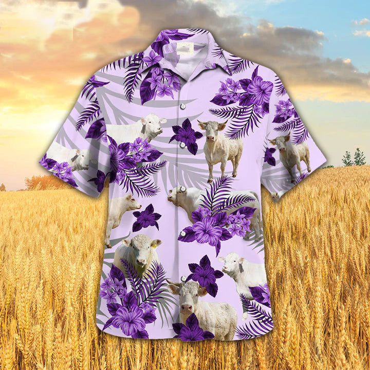 Charolais Hibiscus Hawaiian Shirt, Farm Cow Hawaii Aloha Beach Shirt For Men Women