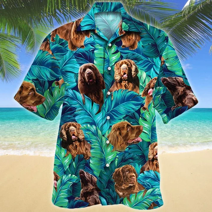 Happy Sussex Spaniel Dog Lovers Summer Beach Palm Tree Hawaiian Shirt, Short Sleeve Hawaiian Aloha Shirt For Men And Women