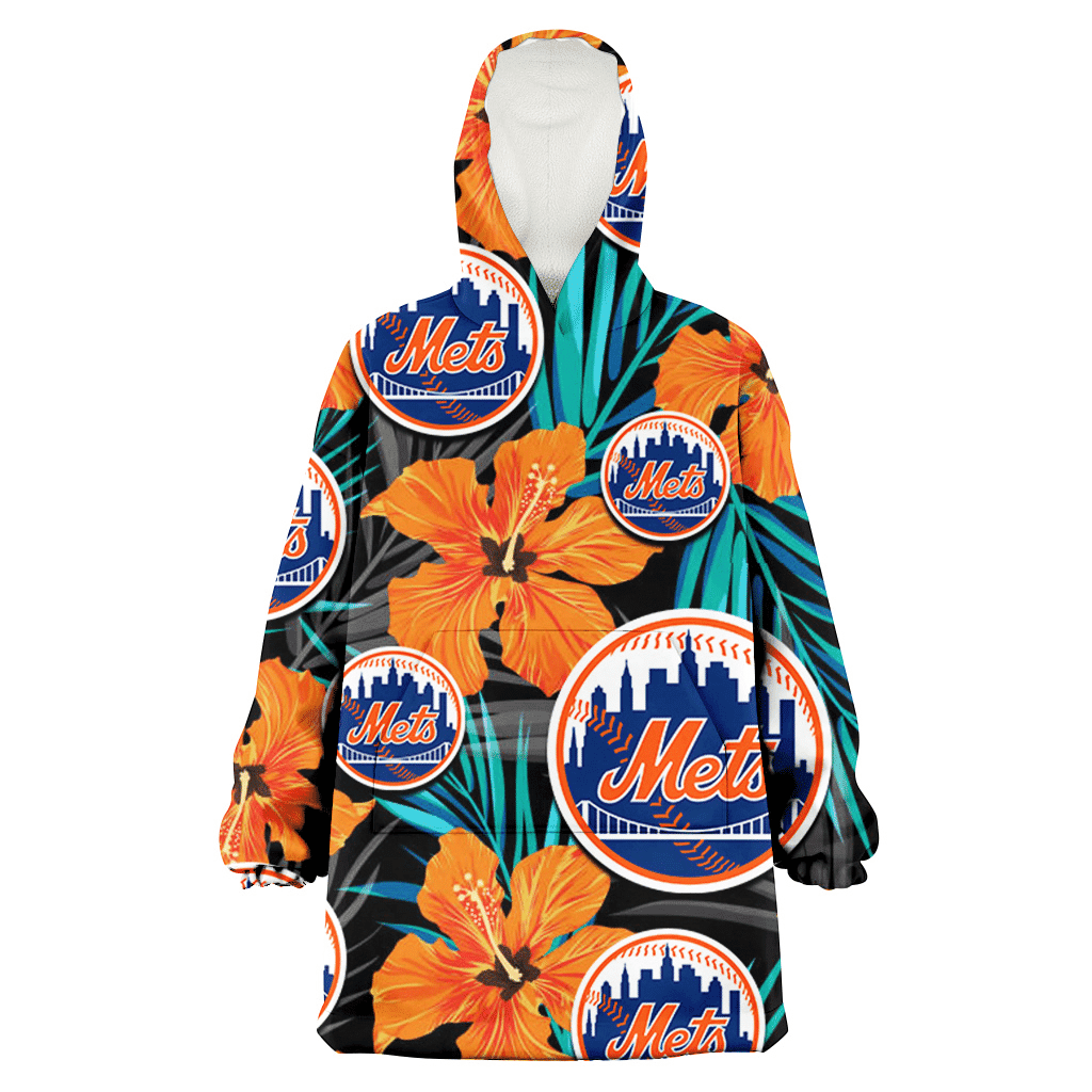 New York Mets Orange Hibiscus Blue Gray Leaf Black Background 3D Printed Hoodie Blanket Snug Hoodie