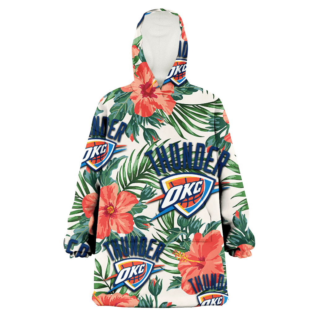 Oklahoma City Thunder Coral Hibiscus Green Leaf Beige Background 3D Printed Hoodie Blanket Snug Hoodie