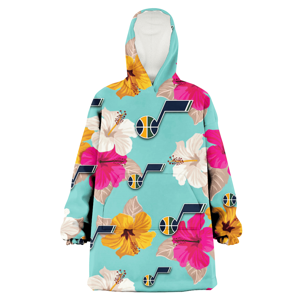 Utah Jazz Pink Yellow White Hibiscus Turquoise Background 3D Printed Hoodie Blanket Snug Hoodie