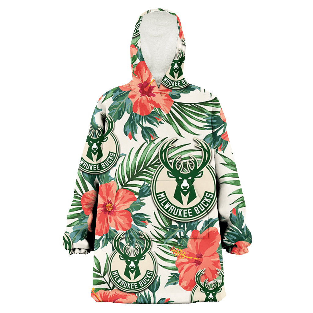 Milwaukee Bucks Coral Hibiscus Green Leaf Beige Background 3D Printed Hoodie Blanket Snug Hoodie