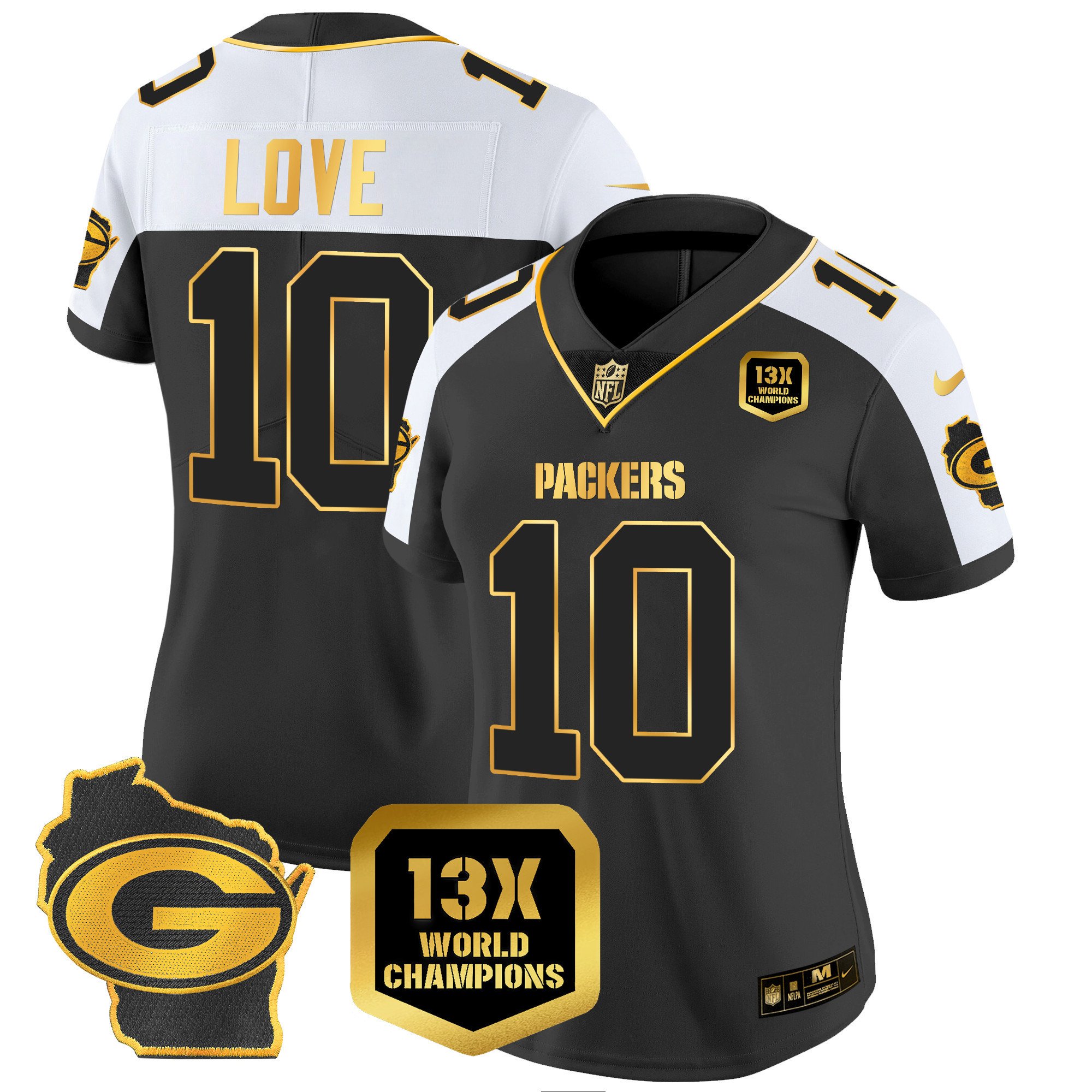 Women’S Packers 13 Time World Champions & Home Patch Gold Vapor Jersey – All Stitched