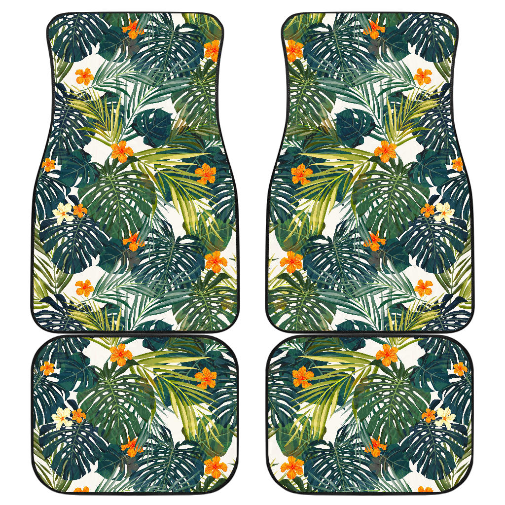 Summer Hawaiian Leaves Pattern Print Front And Back Car Floor Mats, Front Car Mat