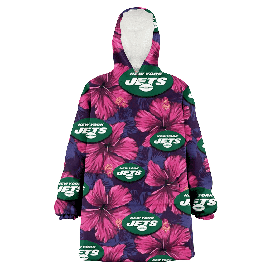 New York Jets Plum Vilolet Hibiscus Dark Navy Leaf Black 3D Printed Hoodie Blanket Snug Hoodie