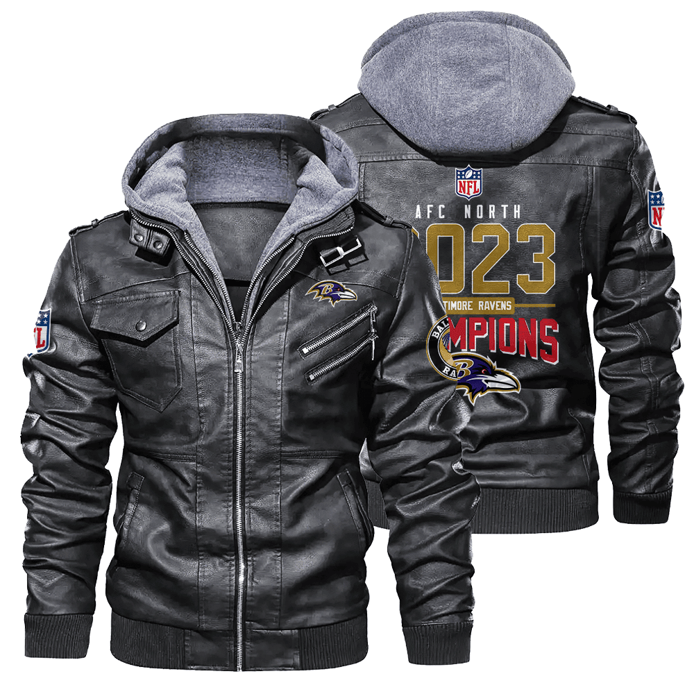 Baltimore Ravens AFC North 2023 Division Champions Team Logo Zip Black Leather Jacket With Hood