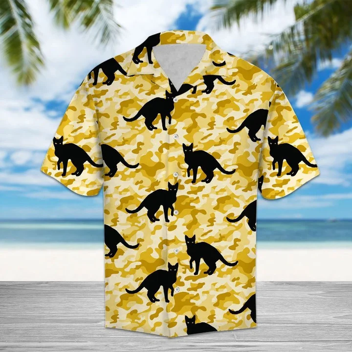 Black Cat Mix Waxen Camo Hawaiian Shirt, Black Cat Aloha Hawaii Shirt For Men, Women