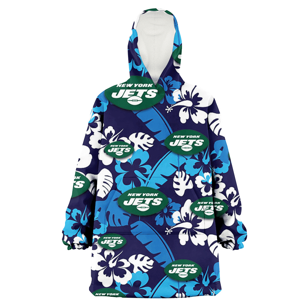 New York Jets Light Blue Hibiscus Banana Leaf Navy Background 3D Printed Hoodie Blanket Snug Hoodie