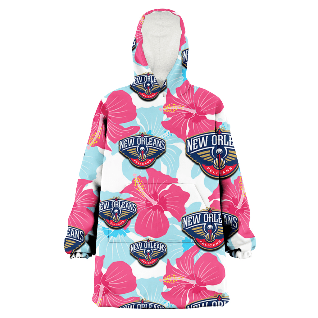 New Orlean Pelicans Pink Blue Hibiscus White Background 3D Printed Hoodie Blanket Snug Hoodie