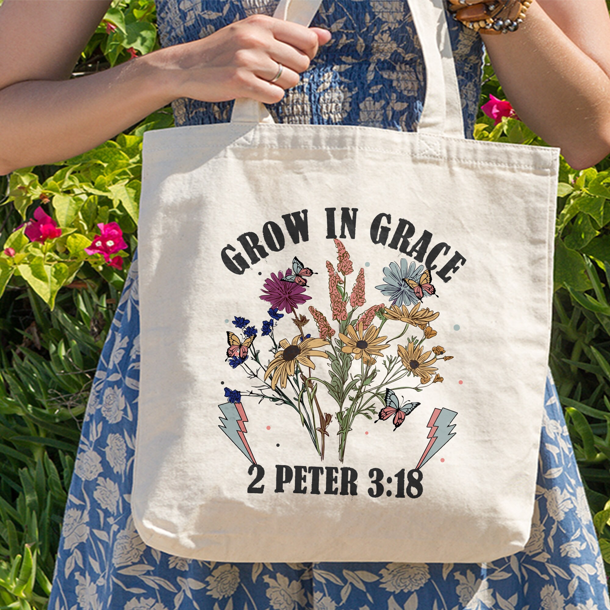 Grow In Grace Tote Bag, Bible Verse Bag, Butterfly Wildflower Christian Tote Bag,God Tote Bag,Jesus Tote Bag,Faith Tote Bag,Christian Gift