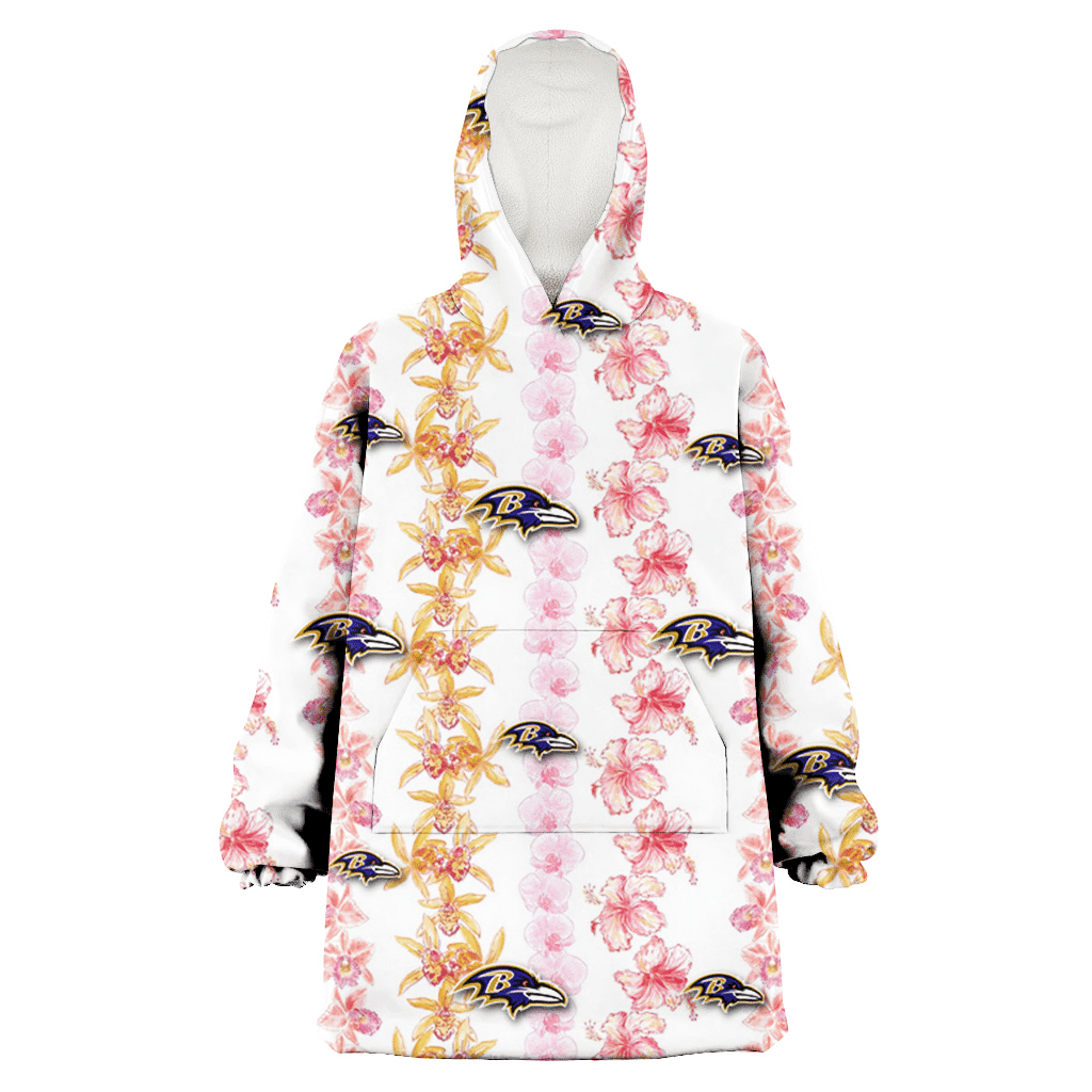 Baltimore Ravens Pink Hibiscus Yellow Pink Orchid White Background 3D Printed Hoodie Blanket Snug Hoodie