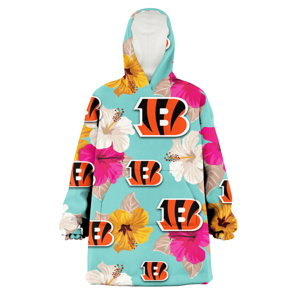 Cincinnati Bengals Pink Yellow White Hibiscus Turquoise Background 3D Printed Hoodie Blanket Snug Hoodie