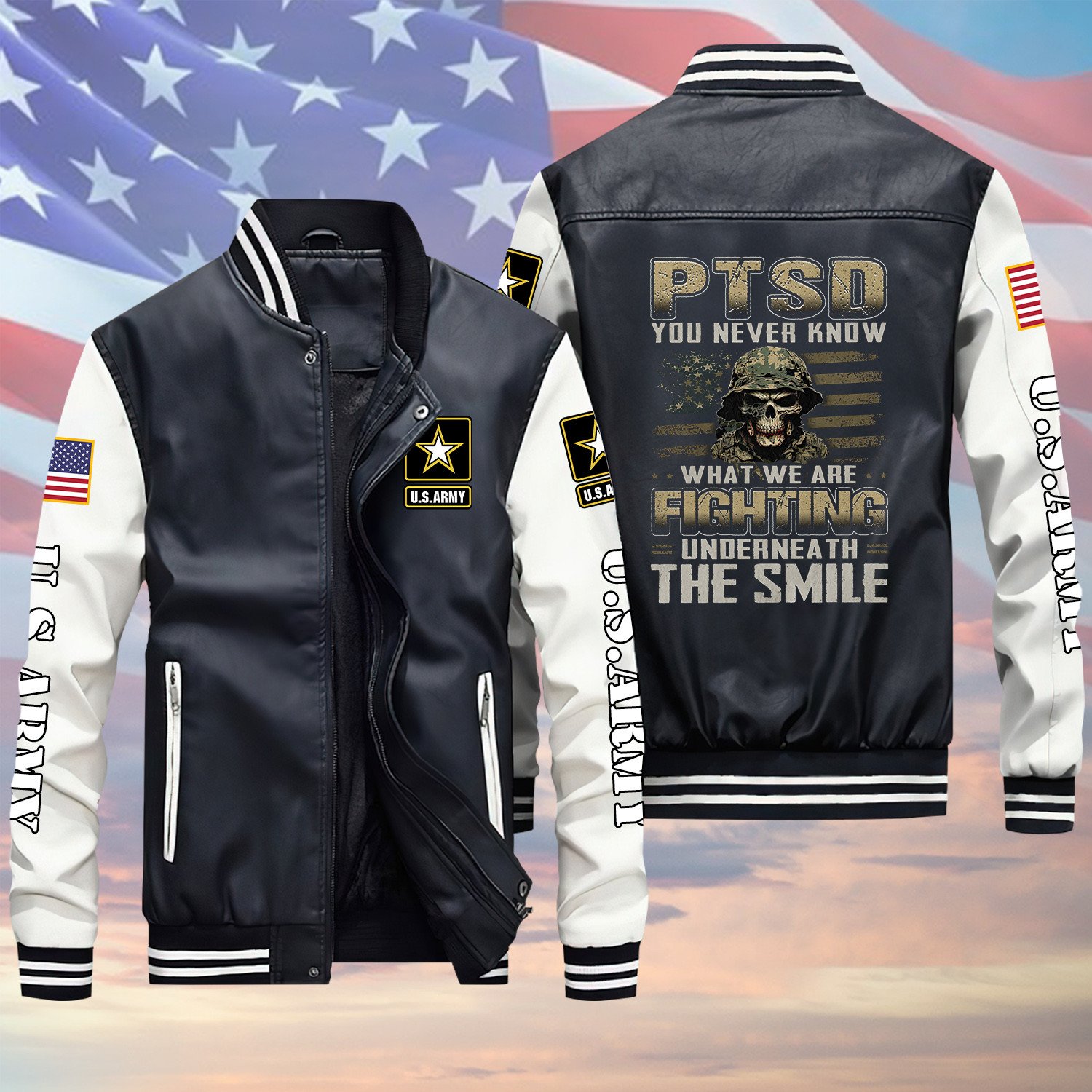 USA PTSD You Never Know What We Are Fighting Underneath The Smile US Army Veteran Black Winter Gear Leather Bomber Leterman Varsity Jacket