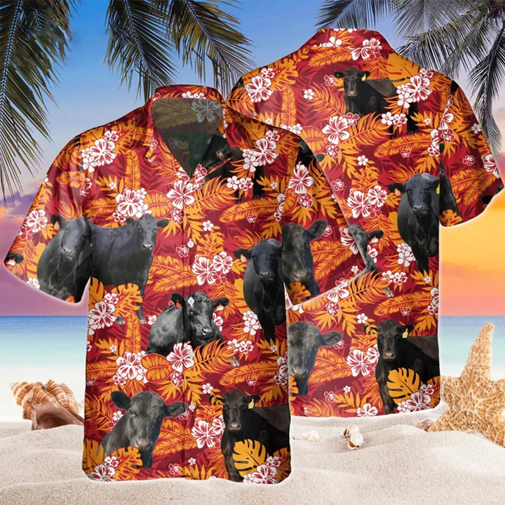 Black Angus Red Orange Floral Hawaiian Shirt, Cow Hawaii Shirts Men, Hawaiian Shirt Women