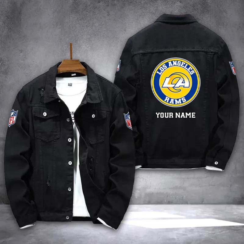 Los Angeles Rams NFL Team Name Personalized Back Logo Black Denim Jacket