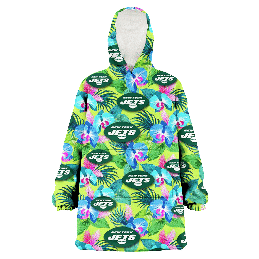 New York Jets Blue Orchid Green Pink Leaf Green Background 3D Printed Hoodie Blanket Snug Hoodie