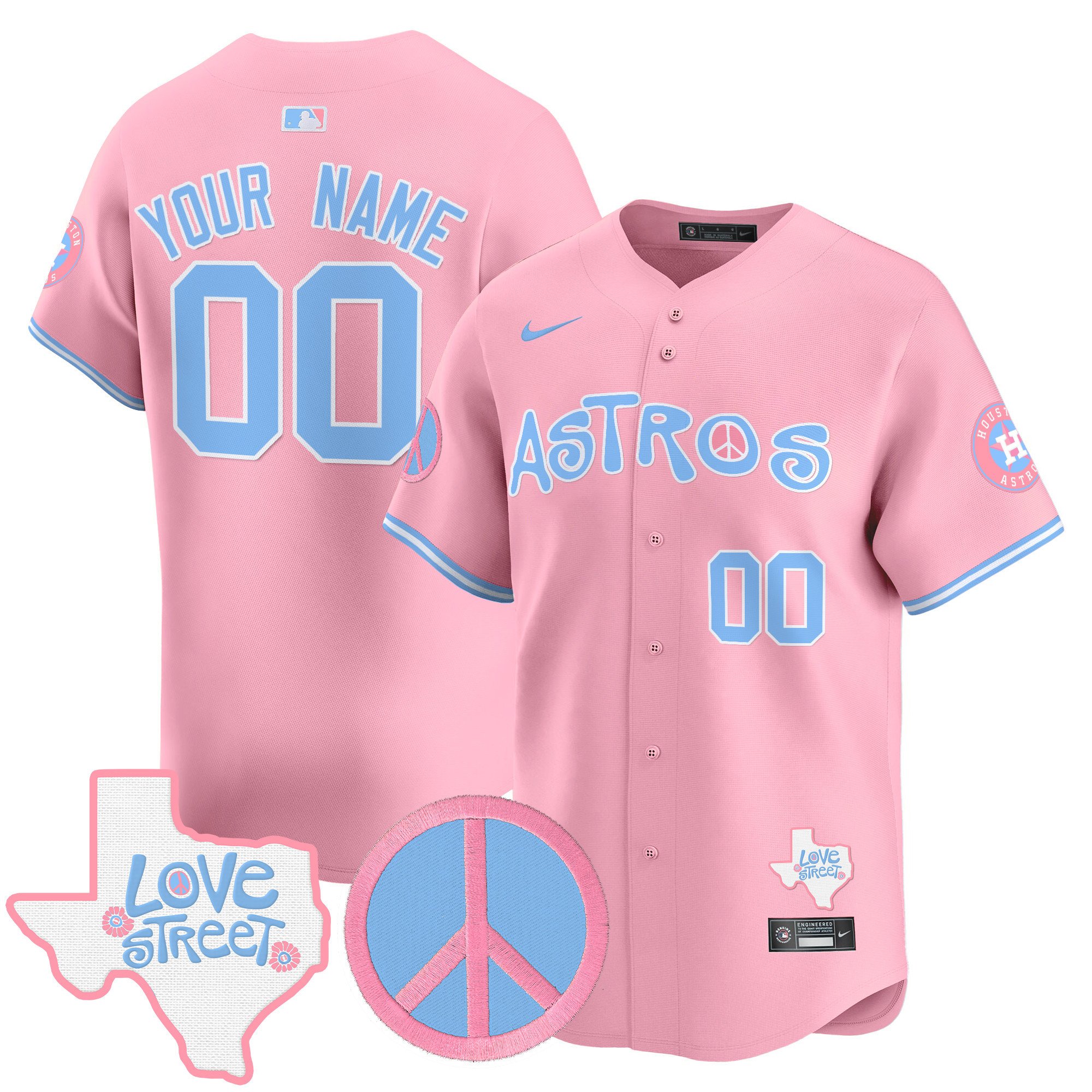 Astros Love Street & Peace Sign Patch Bubblegum Pink Vapor Premier Limited Custom Jersey – All Stitched