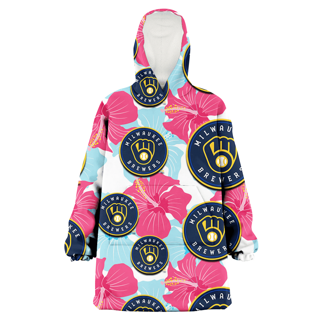 Milwaukee Brewers Pink Blue Hibiscus White Background 3D Printed Hoodie Blanket Snug Hoodie