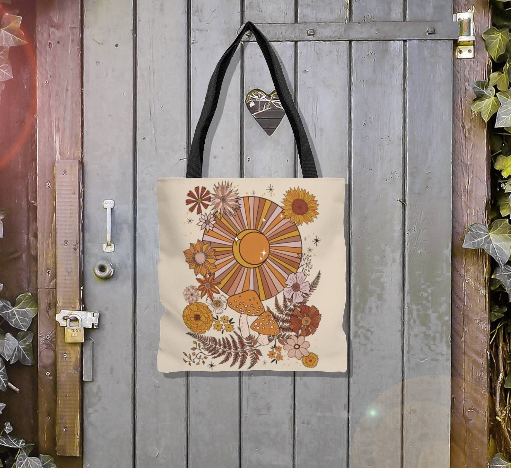 Bohemian Sun Moon Stars Tote Bag, Mystical Tote Bag, Reusable Grocery Bag, Moon Phase Cottagecore Tote, Mushroom Tote, 18×18 16×16 13×13