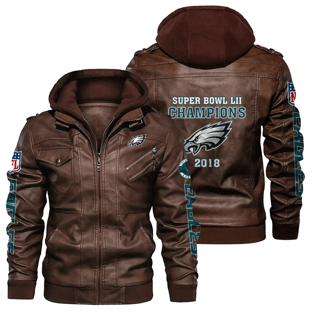 Philadelphia Eagles Super Bowl LII NFL Champions Zip Brown Leather Jacket With Hood