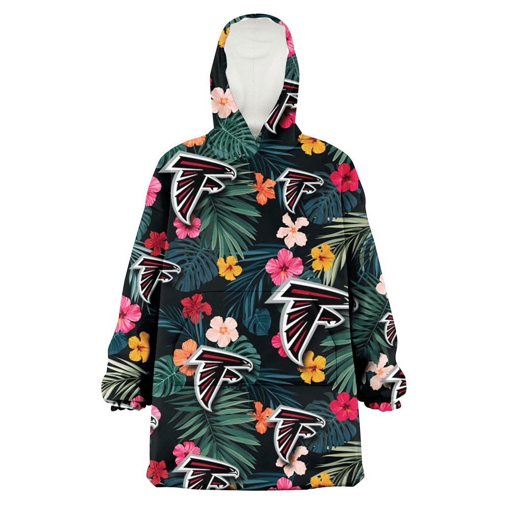 Atlanta Falcons Pink Yellow Orange Hibiscus Big Tropical Leaf Black Background 3D Printed Hoodie Blanket Snug Hoodie