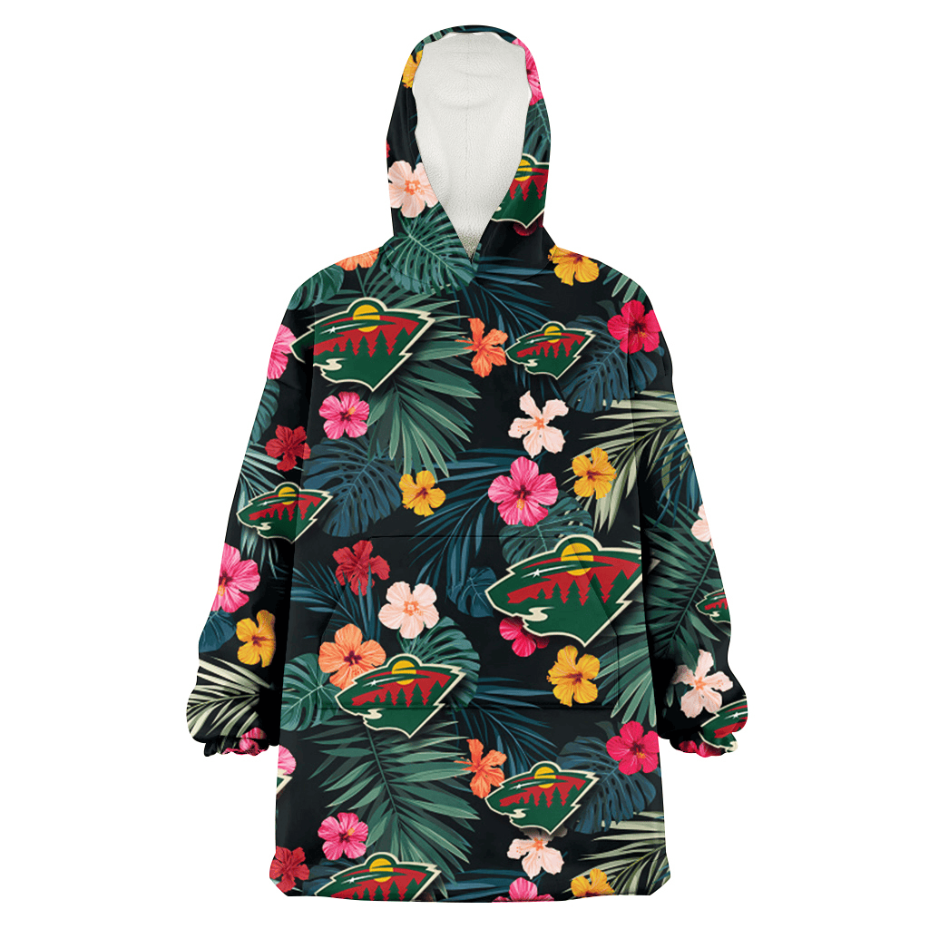 Minnesota Wild Pink Yellow Orange Hibiscus Big Tropical Leaf Black Background 3D Printed Hoodie Blanket Snug Hoodie